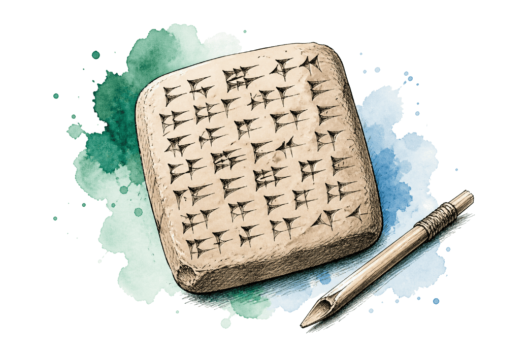 Hand-drawn sketch of an ancient clay tablet covered in cuneiform marks, with a reed stylus beside it