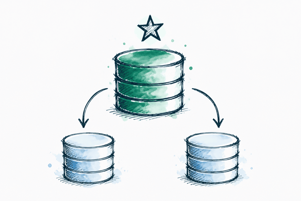 Hand-drawn sketch of a replica set: a primary database cylinder marked with a star, replicating to two secondary cylinders