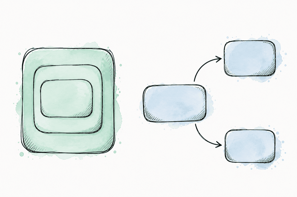 Hand-drawn sketch comparing embedding, boxes nested inside one box, with referencing, boxes connected by arrows
